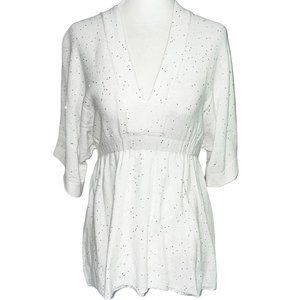 New Acrobat Sequin Linen Cotton Knit V-Neck Short Sleeve Top White Silver Small